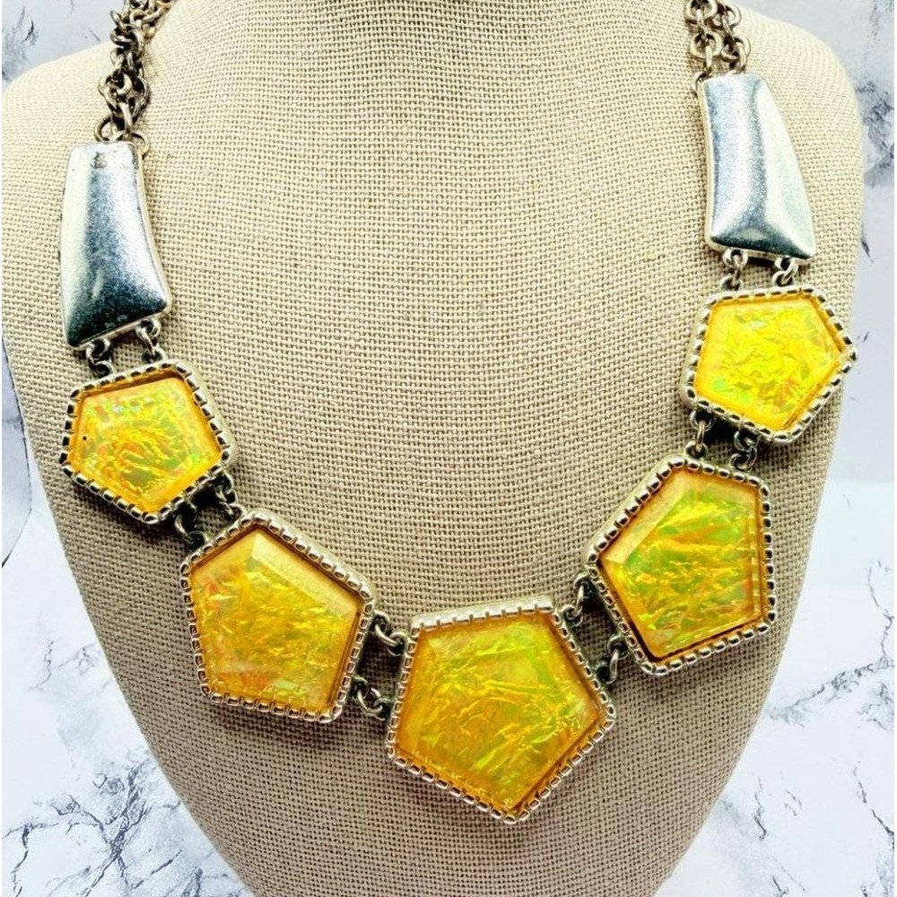 Etcetera Yellow Foil Back Resin Bib Necklace Silver Tone Double Strand Chain